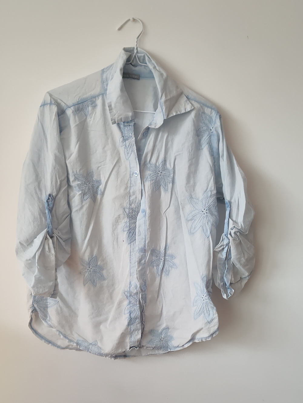 Light Blue Floral Embroidered Button-Up Shirt
